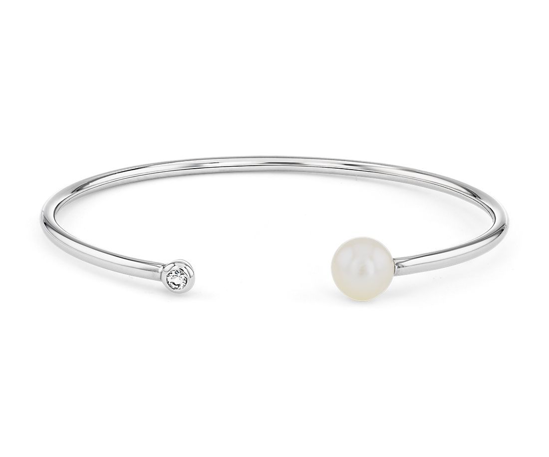 Cultured Freshwater Pearl Bangle Bracelet with White Topaz Detail in Sterling Silver (8-8.5mm) | ... | Blue Nile