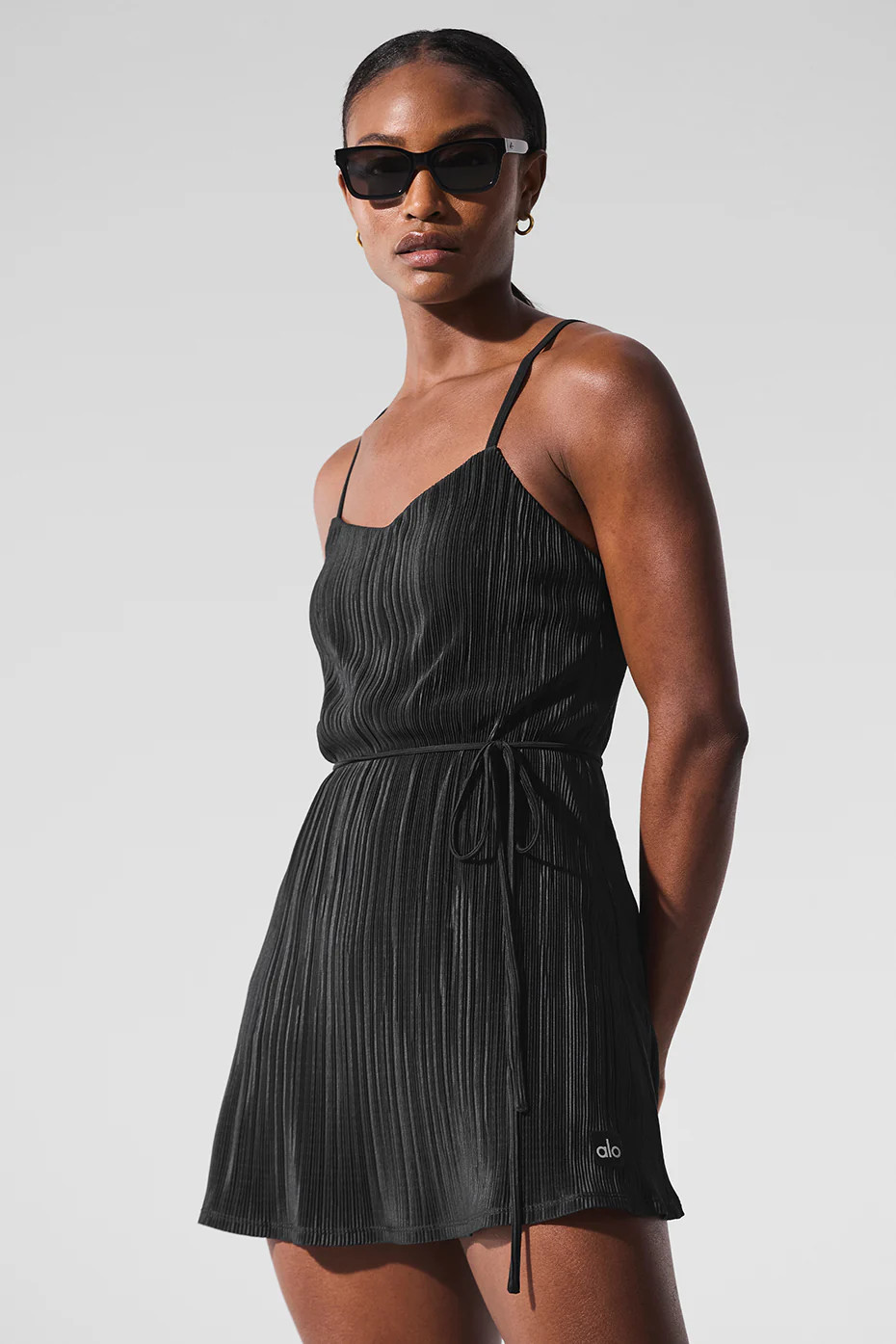 ALO | Micro Plisse Game On Tennis Dress in Black, Size: Small | Alo Yoga