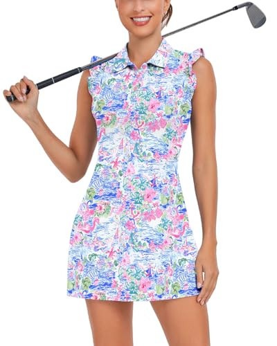 WOWENY Womens Tennis Dress Polo Buttons Golf Dresses with Built in Shorts and Pockets Ruffle Sleeveless Athletic Workout Dress (Ocean Bloom, L) | Amazon (US)