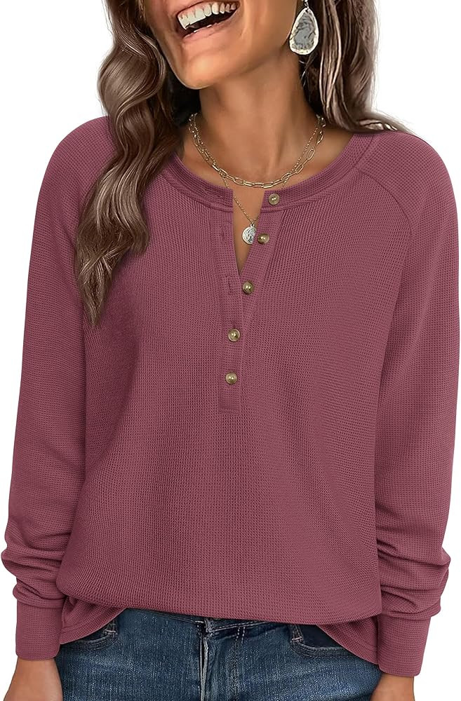PRETTYGARDEN Women Long Sleeve Waffle Knit Shirts 2026 Fall Casual Button V Neck Loose Henley Top... | Amazon (US)