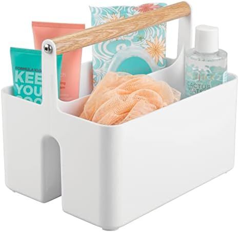 mDesign Plastic Portable Shower Caddy Divided Basket Bin Storage Organizer with Wood Handle for Bath | Amazon (US)