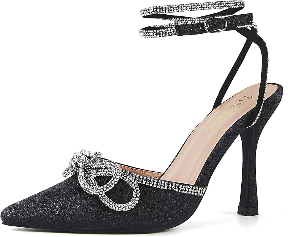 TINSTREE Women's Rhinestone Ankle Strap Heeled Sandals Satin Pointy Toe High Heels Stilettos Pump... | Amazon (US)
