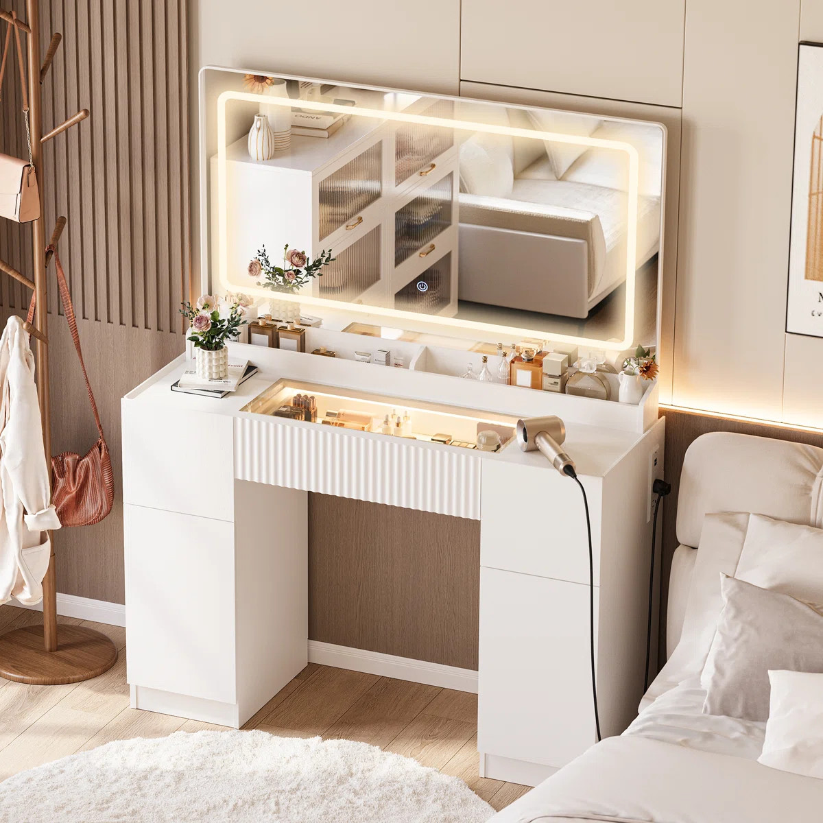 44" Vanity Desk with Mirror and Lights, Glass Top with RGB Lighting, Makeup Table with Fluted Sto... | Wayfair North America