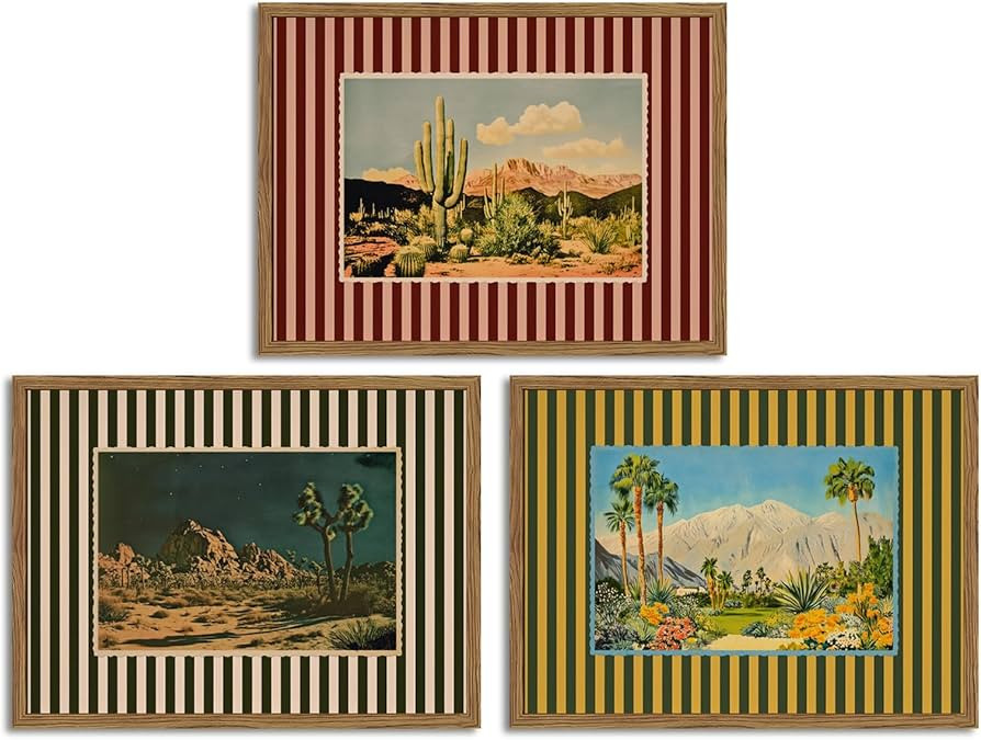 Framed Vintage Western Landscape Wall Art Set of 3, Striped Postcards Southwest Desert Cactus Pic... | Amazon (US)