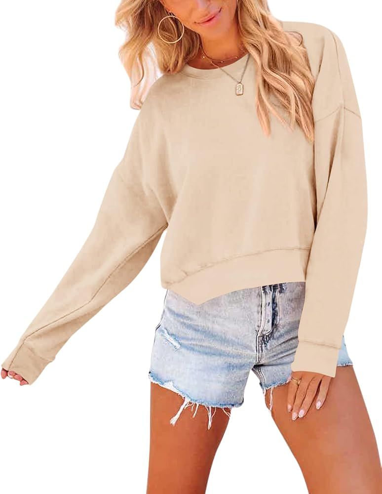 Fessceruna Sweatshirt for Women Casual Long Sleeve Round Neck Pullover Relaxed Fit Crop Tops | Amazon (US)
