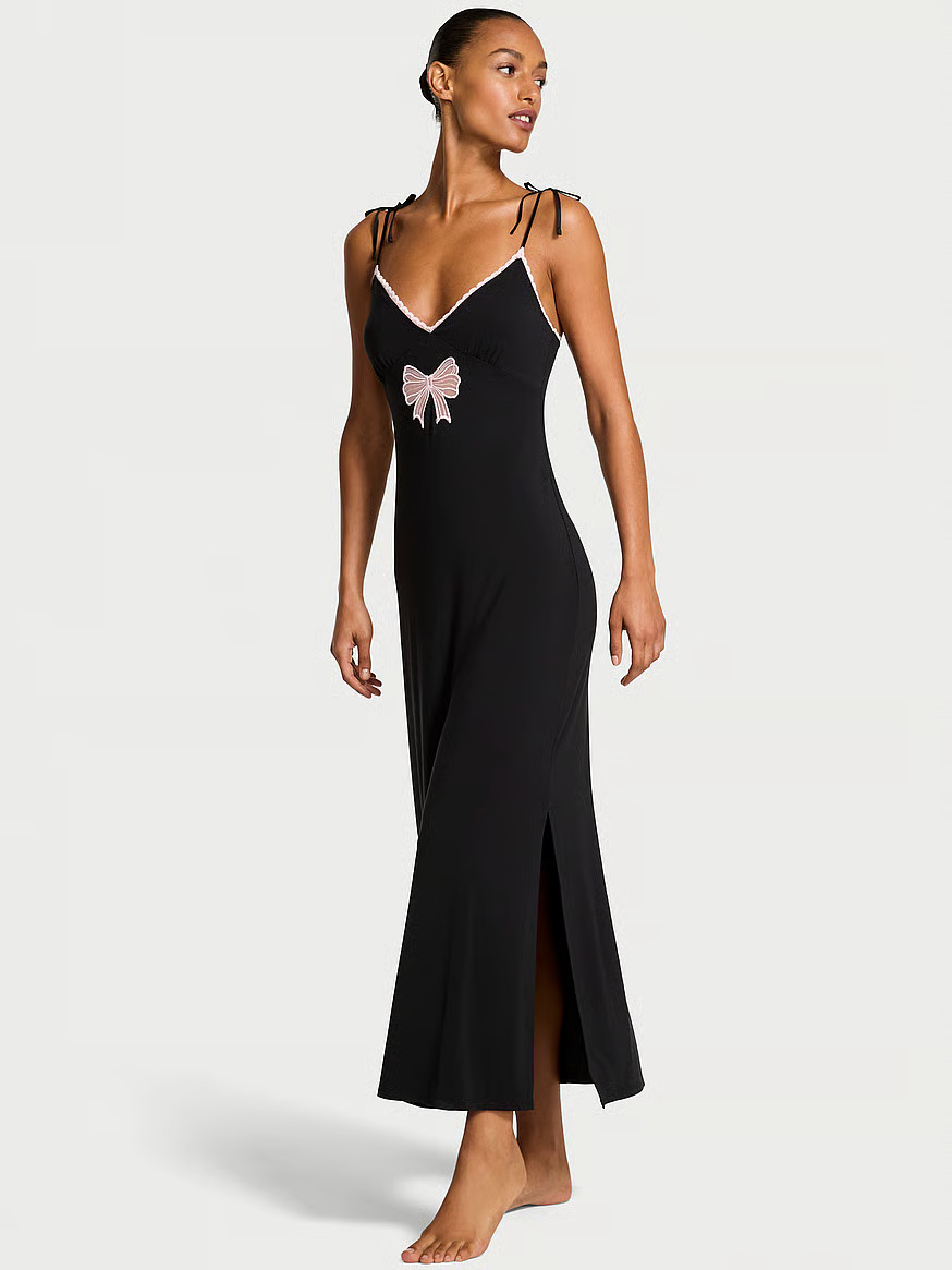 Buy Modal Lace-Trim Bow Maxi Slip Dress, Black - Order Slips online - Victoria's Secret US | Victoria's Secret (US / CA )