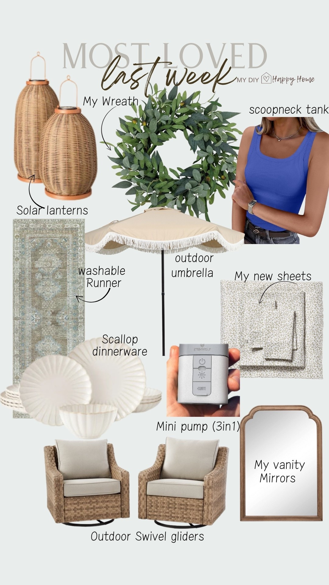 This past weeks most loved and best sellers:

Solar woven lanterns 
Scallop dinnerware set
Wreath 
Scoop neck tank (I have multiple colors)
Washable runners 
Fringe outdoor umbrella 
Softest sheets 
Mini pump 
My vanity mirrors 
Outdoor glider/rockers (with covers)

#LTKHome #LTKStyleTip #LTKSeasonal