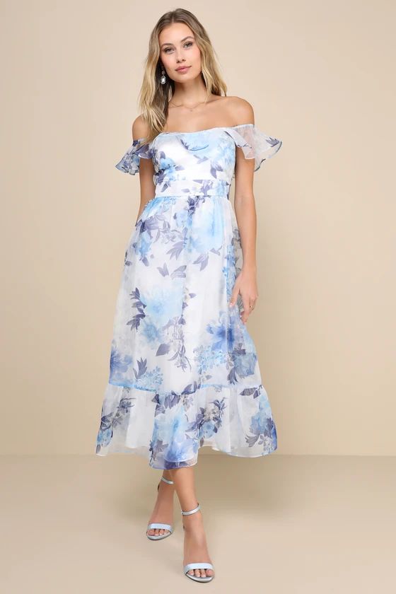 Sweet Composure White Floral Organza Off-the-Shoulder Midi Dress | Lulus
