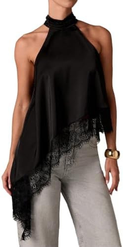 Women Y2k Satin Sleeveless Mock Neck Lace Trim Tank Top Elegant Backless Asymmetric Hem Going Out... | Amazon (US)