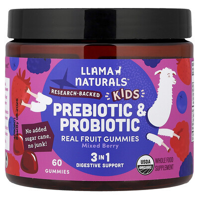 Llama Naturals, Kids Prebiotic & Probiotic, Real Fruit Gummies, Mixed Berry, 60 Gummies | iHerb