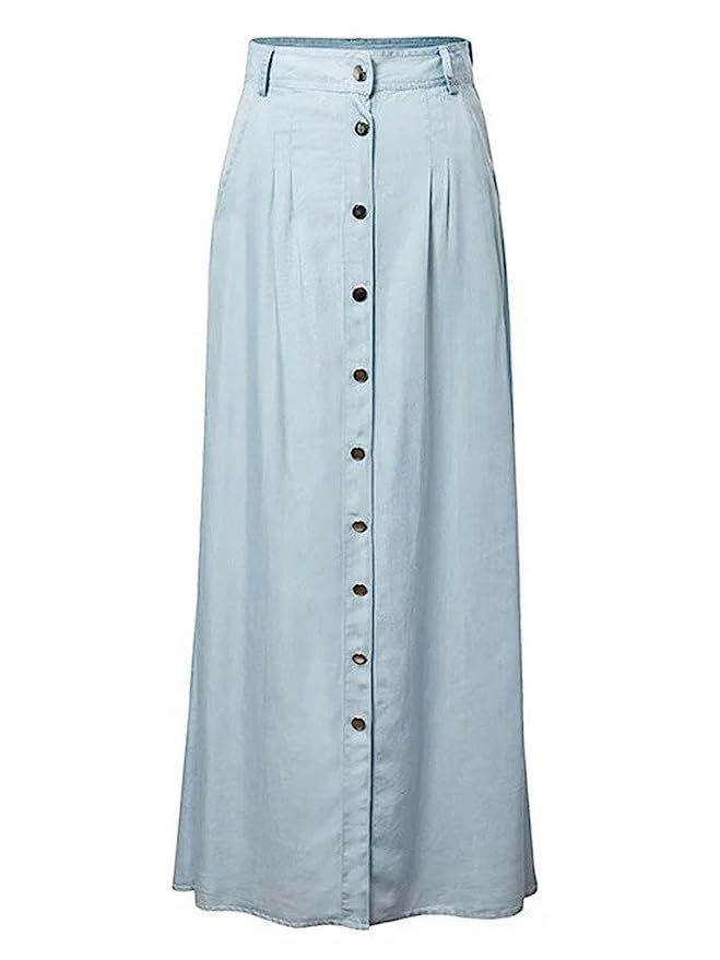 Joeoy Women's High Waist Button up A-Line Denim Maxi Long Skirt | Amazon (US)