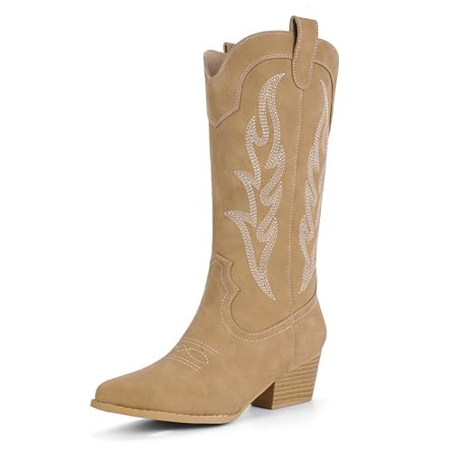 IDIFU Tan Cowboy Boots for Women Cowgirl Boots Western Boots Mid Calf Chunky Low Heel Pointed Toe Embroidered Country Boots Cute Fashion Booties for Women Dress Wedding Heeled Boots(Tan, 7.5) | Amazon (US)