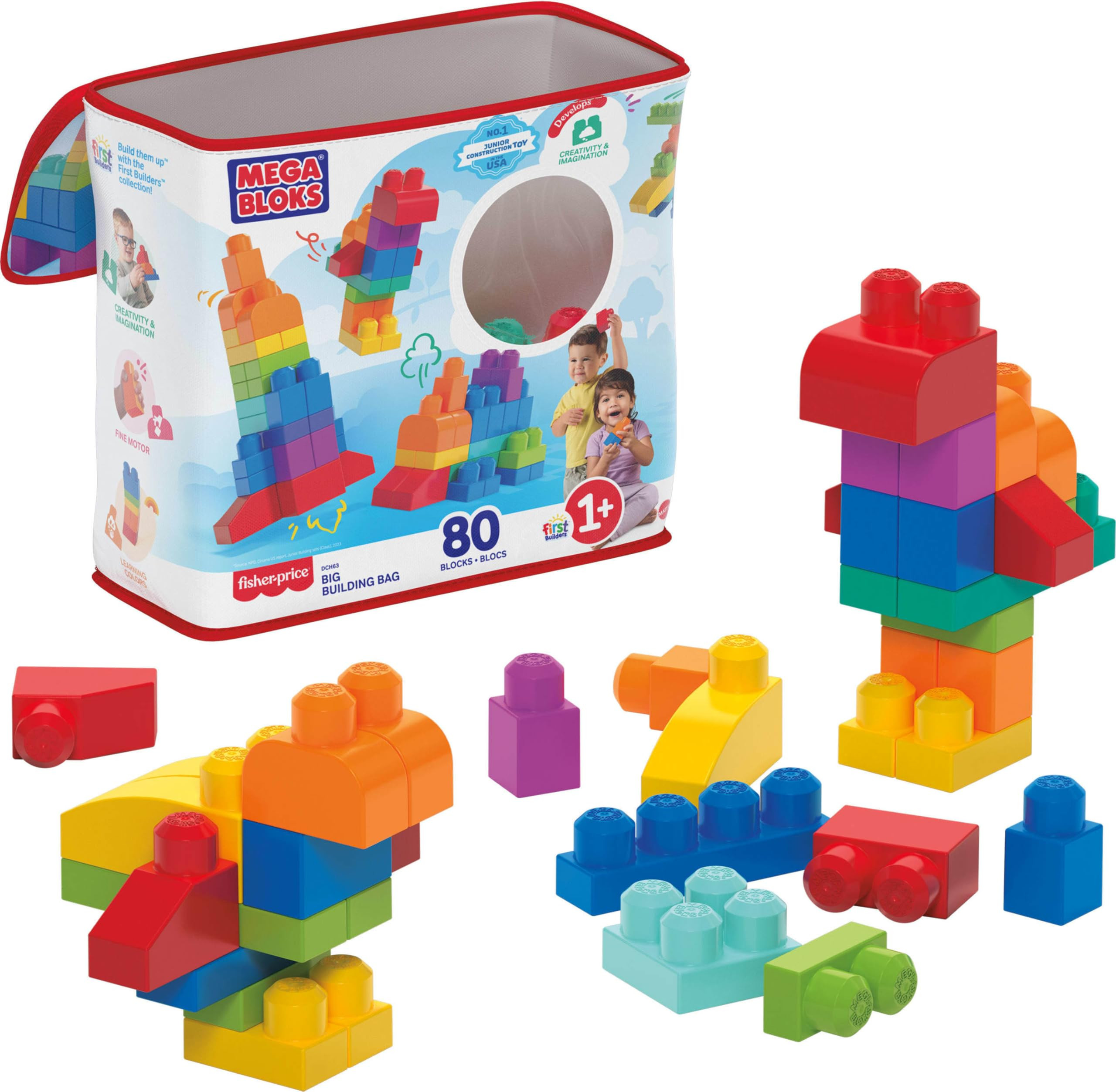 Mega Bloks First Builders Toddler Blocks Toys Set, Big Building Bag with 80 Pieces and Storage, A... | Amazon (US)