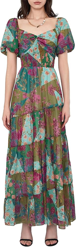 Thopavenoir Women's Casual Floral Print Long Dress Short Puff Sleeve Sweetheart Neck Maxi Dresses... | Amazon (US)