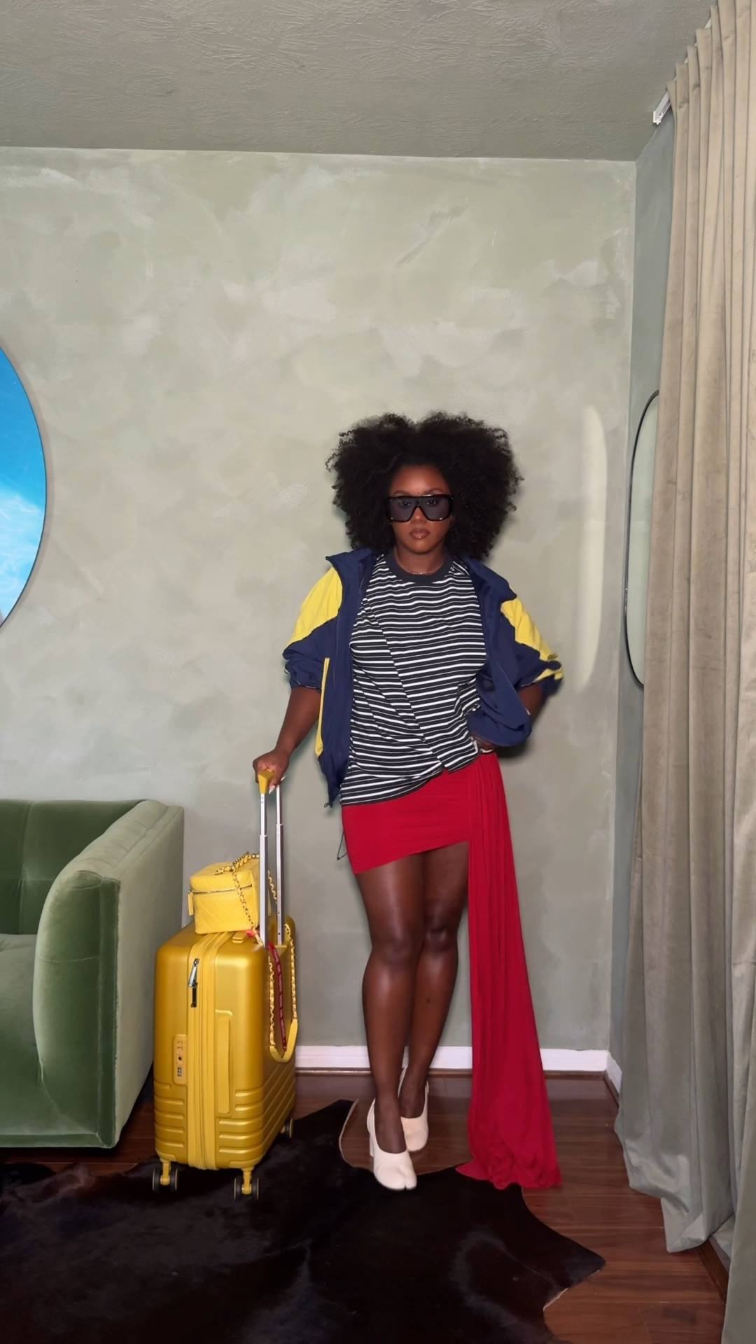 Sporty elevated spring outfit and Mango Bagsmart Luggage 