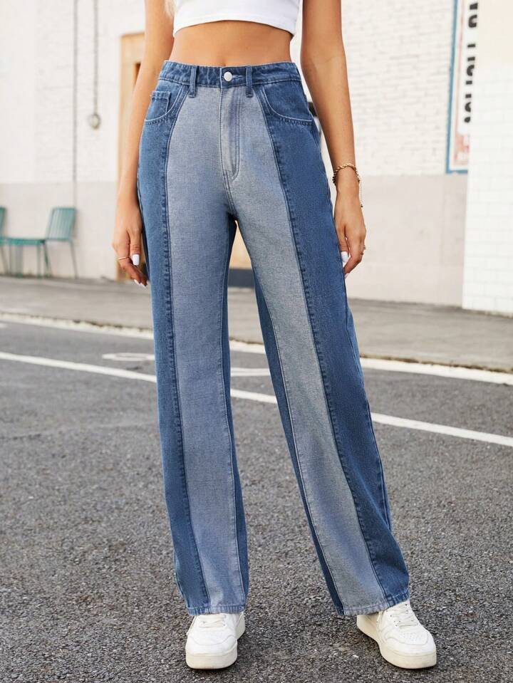SHEIN Essnce Two Tone Straight Leg Jeans | SHEIN