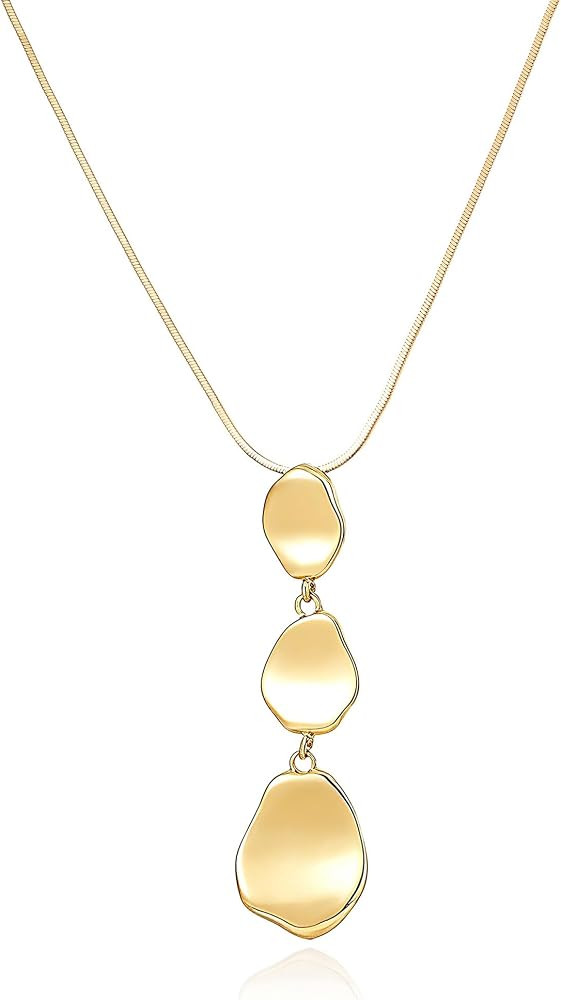 14K Gold Plated Triple Organic Free-Form Discs Pendant Long Necklace for Women, Square Snake Chai... | Amazon (US)