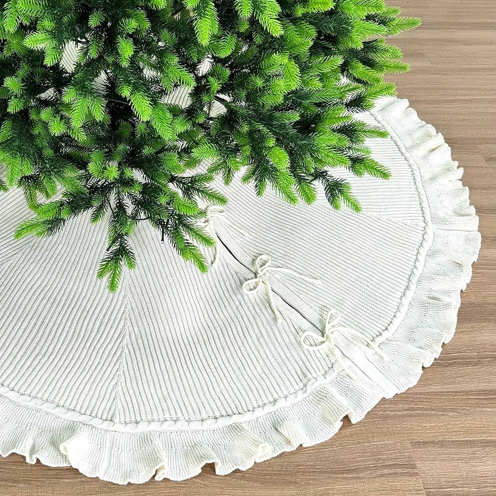 48-Inch Ruffled Sweater Knit Christmas Tree Skirt with Lace Ties, Cream White | Amazon (US)