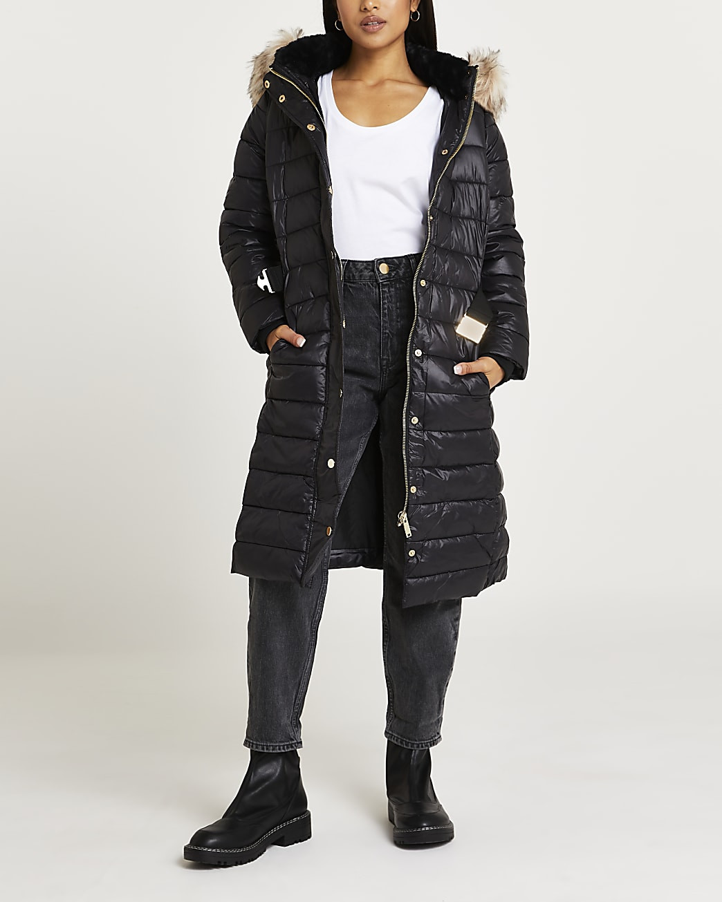 River Island Womens Petite black belted longline puffer coat | River Island (US)