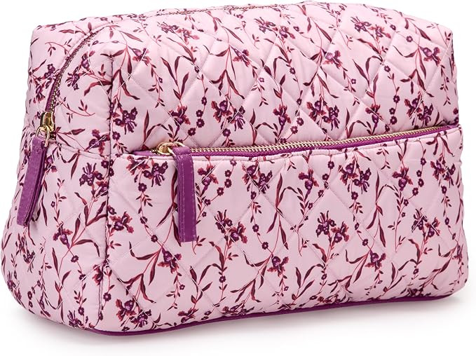 Amazon Essentials Women's Quilted Travel Makeup Bag with Mesh Compartments, Pink Floral, One Size | Amazon (US)