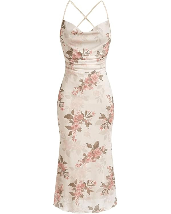 Milumia Women's Floral Ruched Mesh Bodycon Maxi Dress Cowl Neck Long Cami Dress | Amazon (US)
