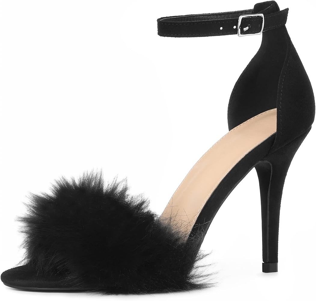 Perphy Faux Fur Ankle Strap Stiletto Heels Sandals for Women | Amazon (US)