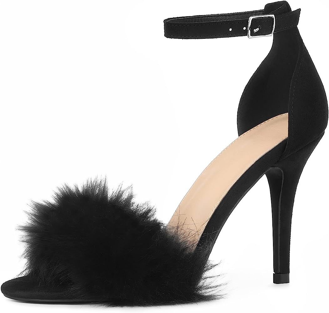 Perphy Faux Fur Ankle Strap Stiletto Heels Sandals for Women | Amazon (US)