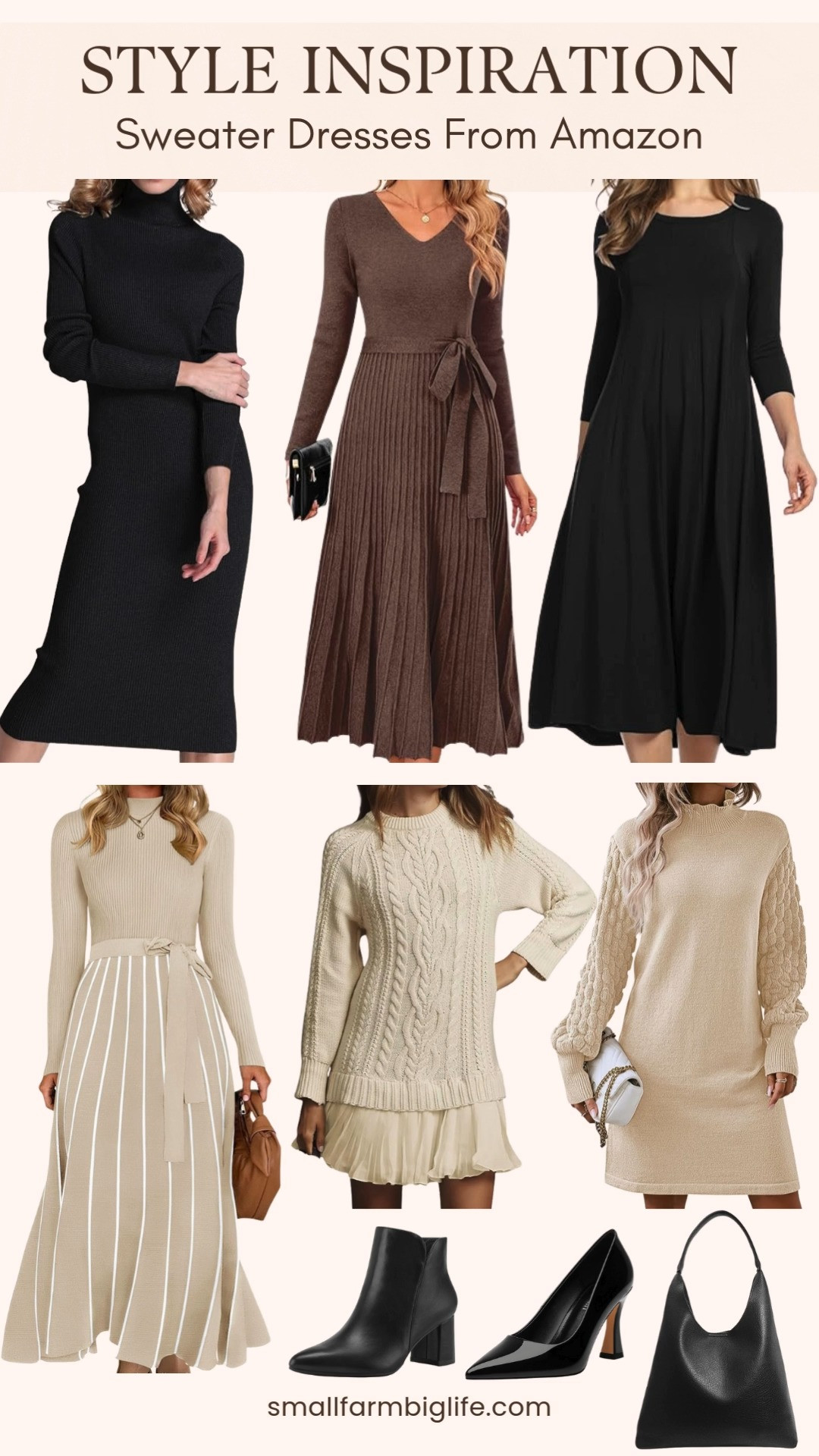 Style inspiration for sweater dress season 🤍 These Amazon sweater dresses are such easy go to pieces! From long black and brown sweater dresses to short beige styles that work for everyday or dressed up. Pair them with black block heel ankle boots or heels and finish with a classic black shoulder bag for a polished, effortless look you’ll wear on repeat. ✨ 

 #LTKootd #LTKOver40 #LTKFindsUnder50