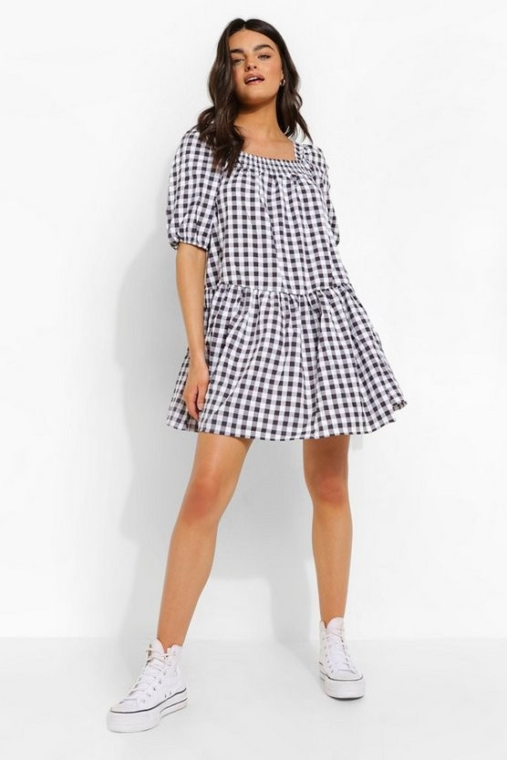 Gingham Square Neck Smock Dress | Boohoo.com (US & CA)
