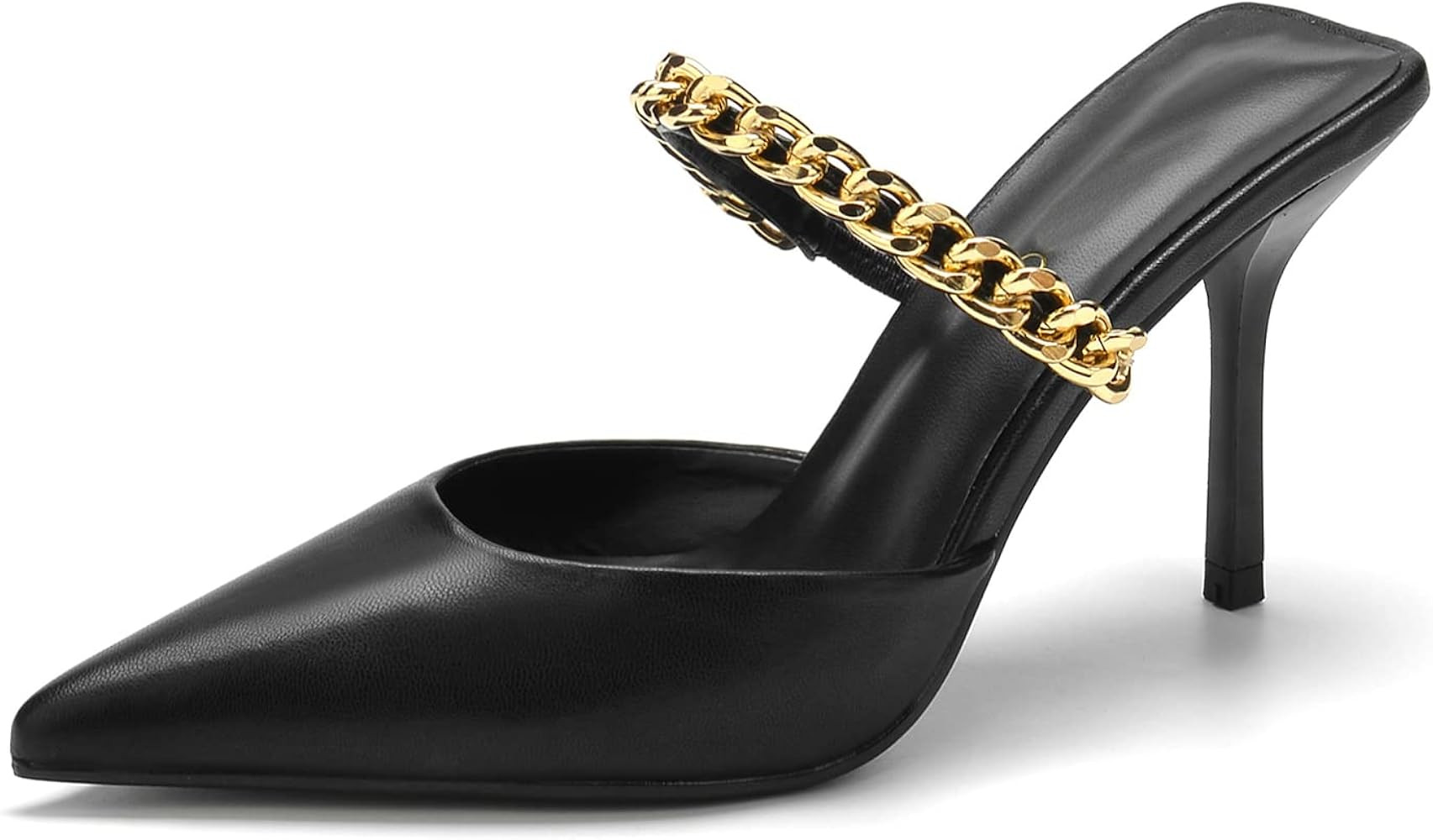 Jeesay Women's Pointed Toe Mules Stilettos Heels Sandals Slip on Gold Chains Mary Jane Dress Pump... | Amazon (US)
