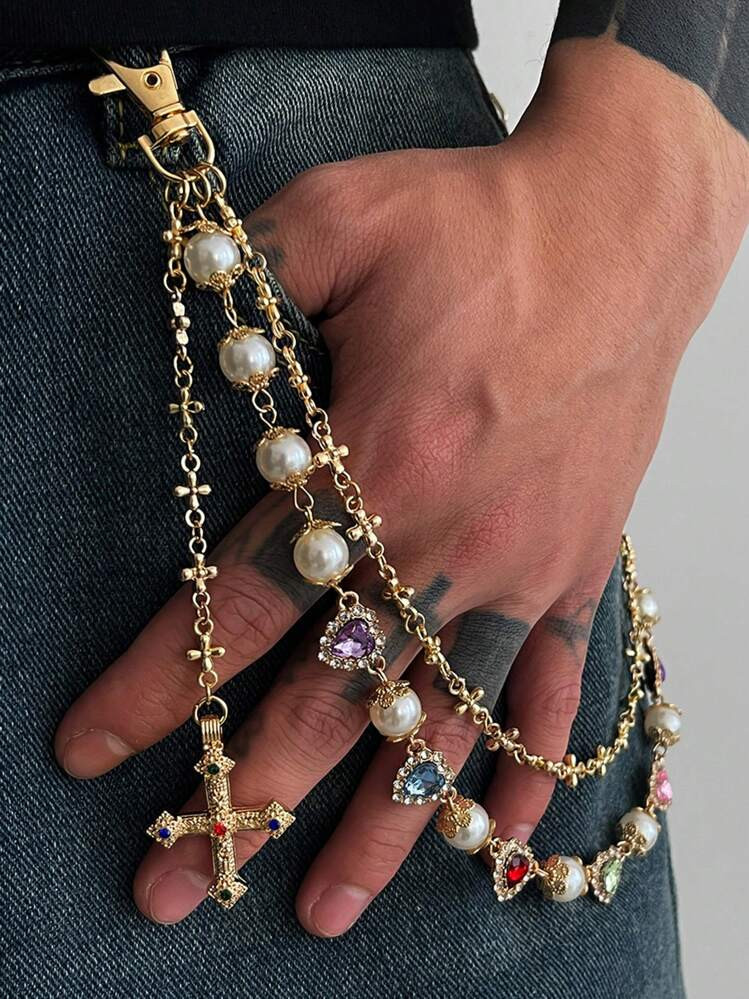 ROMWE Grunge Punk Hip-Hop Design Colorful Rhinestone Cross Waist Chain Pendant Decor Faux Pearl Ornament Chain Pants | SHEIN