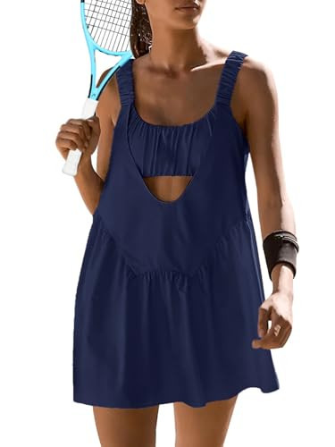 Sexyasasii Women Tennis Dress with Built in Shorts and Bra Sleeveless Casual Backless Golf Athletic Dress with Pockets Navy Blue | Amazon (US)