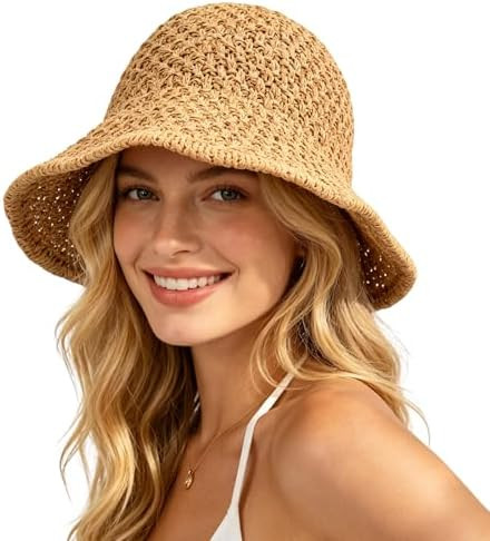 Sun Hat for Women Summer Straw Beach Hats Floppy Crochet Hat UV Protection Travel Bucket Hat Fold... | Amazon (US)
