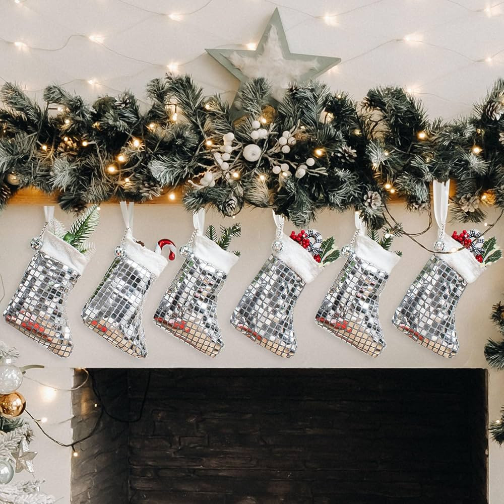 6 Pcs Disco Christmas Stockings 7 Inch Mini Size Silver Disco Xmas Hanging Stocking Decorations f... | Amazon (US)
