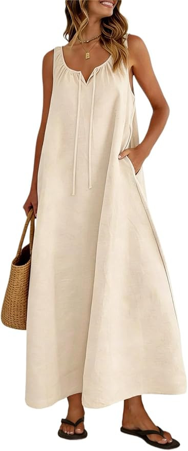 Womens Summer Linen Maxi Dress Drawstring Tank Sundress with Pockets 2026 Casual Boho Beach Vacat... | Amazon (US)