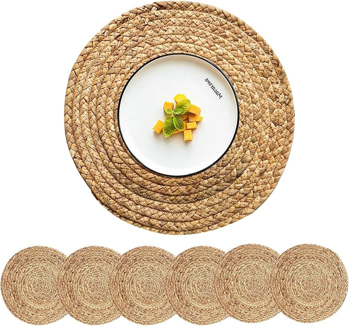 Woven Placemats Round Placemats Set of 6, 13.5 Inch Wicker Placemat Circle Rattan Placemats Farmh... | Amazon (US)