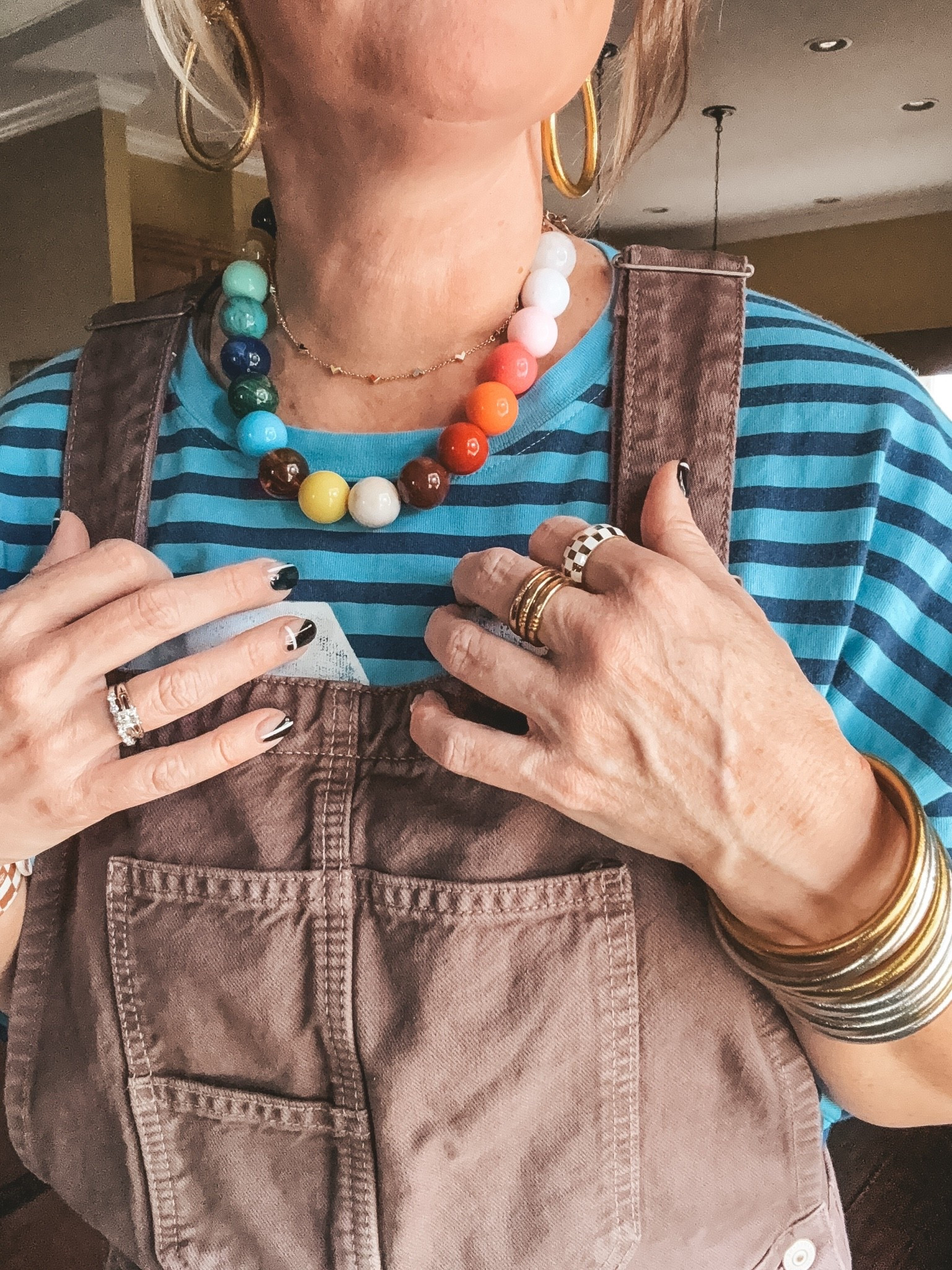 This necklace is so fun and love the colors! Styling with a tee is a perfect way to elevate it. Then just add some cutie overalls too! I

#LTKOver40 #LTKootd