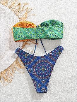 GORGLITTER Women's Strapless Bikini Sets Boho Paisley Print Swim Suits 2025 Bandeau High Cut Bath... | Amazon (US)