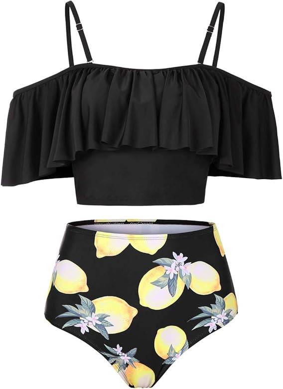 Kaei&Shi High Waisted Flounce Bikini Set,Tummy Control Swimsuits for Women,Off Shoulder | Amazon (US)