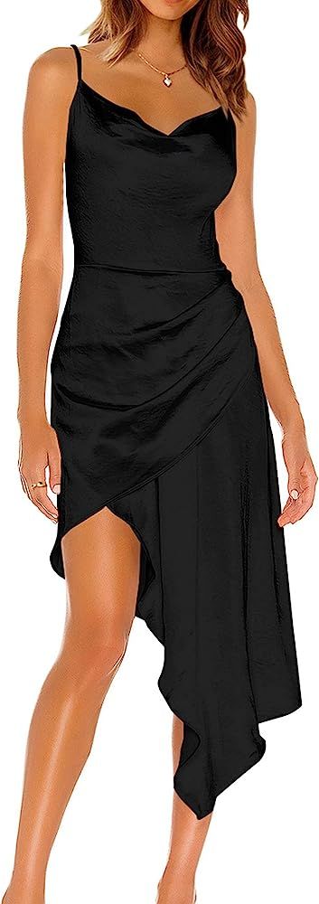 MASCOMODA Womens Satin Cocktail Party Beach Wedding Guest Dress Cowl Neck Formal Midi Cami Silk S... | Amazon (US)