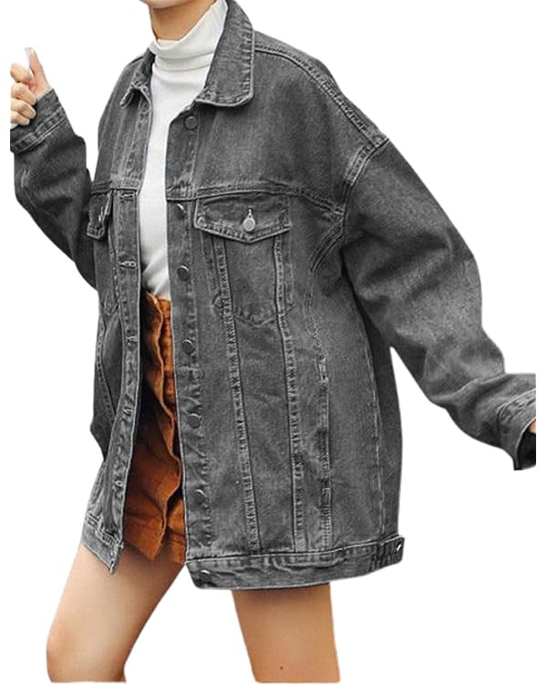 Women's Casual Loose Oversized Denim Jacket Long Sleeved Button Jean Jacket Coat Tops | Amazon (US)
