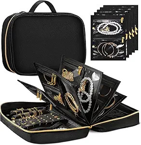 Travel Jewelry Organizer for Women, Detachable Pouches, Tangle-Free, Black | 36 compartments with... | Amazon (US)