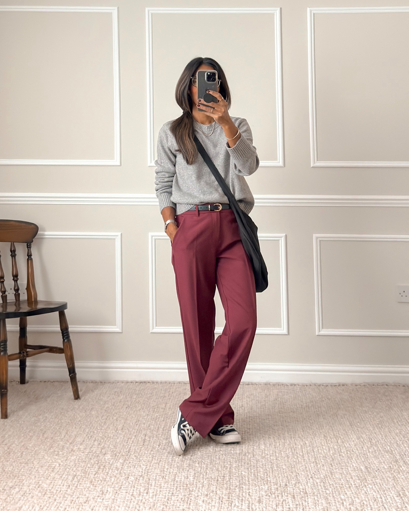 Jumper - grey knit. Wearing a medium but I could have gone for the large. It’s quite a tight knit so if you want an oversize feel, I’d recommend sizing up.

Trousers - wearing my usual trouser size - UK size 8. Slightly too long for me (I’m 5’5) but I just hem the back of the trousers with either a safety pin or wonderweb so they don’t drag along the floor. 