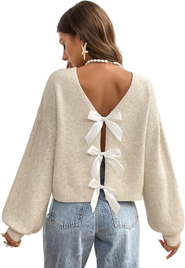 GORGLITTER Women's Bow Fall Sweater 2025 Long Sleeve Crewneck Lightweight Kint Open Back Trendy P... | Amazon (US)