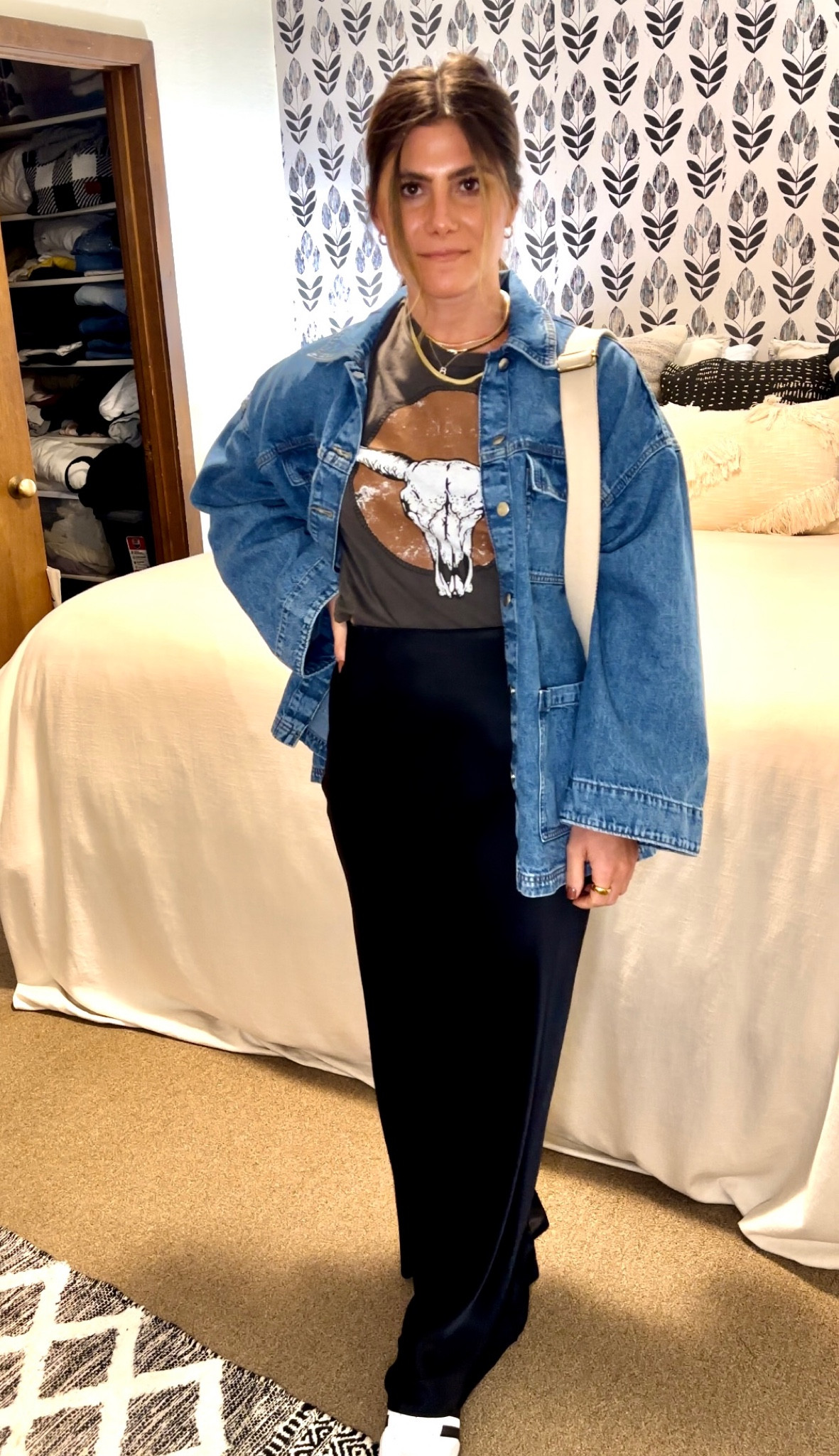 Styled this satin maxi more casually here with a graphic tee, sneakers and oversized denim shirt! 

#LTKfindsunder50 #LTKSeasonal #LTKfindsunder100