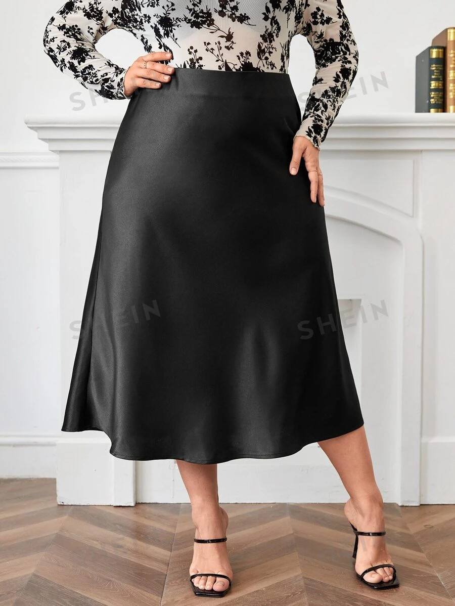 SHEIN x Deborah SHEIN Privé Plus Size High Waist A-Line Satin Maxi Skirt | SHEIN
