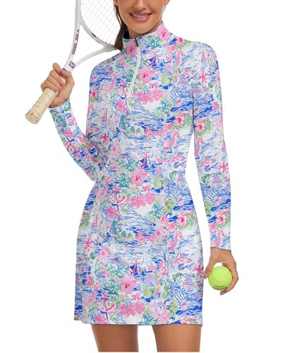 WOWENY Women's Tennis Dress Long Sleeve Golf Dresses with Shorts Zip Front Golf Outfits UPF 50+ Workout Athletic Dresses Colorful Painting M | Amazon (US)