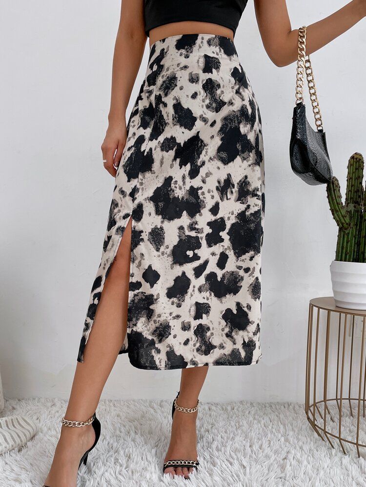 Cow Print Split Thigh Skirt | SHEIN