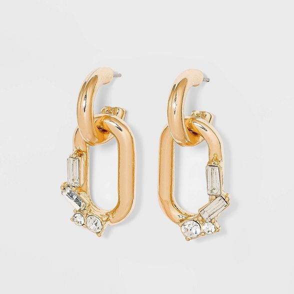Link and Baguette Stone Hoop Earrings - A New Day™ Gold | Target