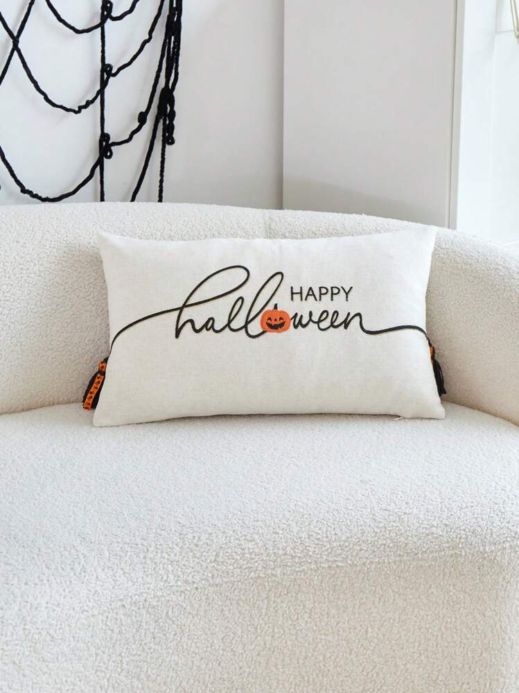 1pc Halloween Pumpkin "Happy Halloween" Embroidered Throw Pillow Cover, Suitable For Indoor Decoration, Halloween Tassel Cushion Cover, Pillow Insert Not Included | SHEIN